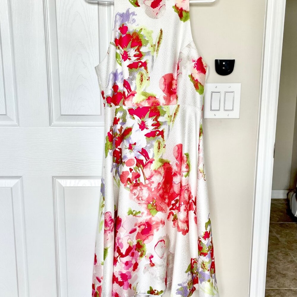 Natori White Pink Floral Midi A Line Dress Easter Garden Party Parisian Chic